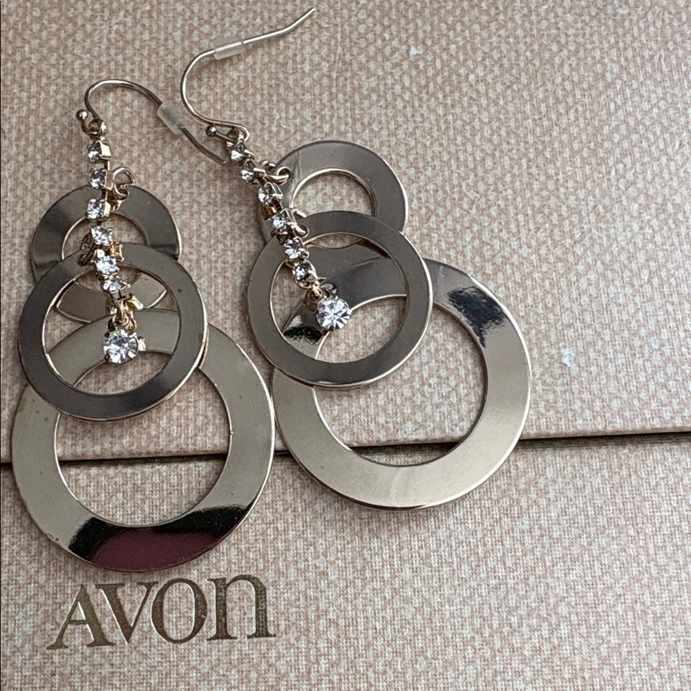 Vintage 2010 Avon Gold Layered Circle Rhinestone Drop Earrings 2”